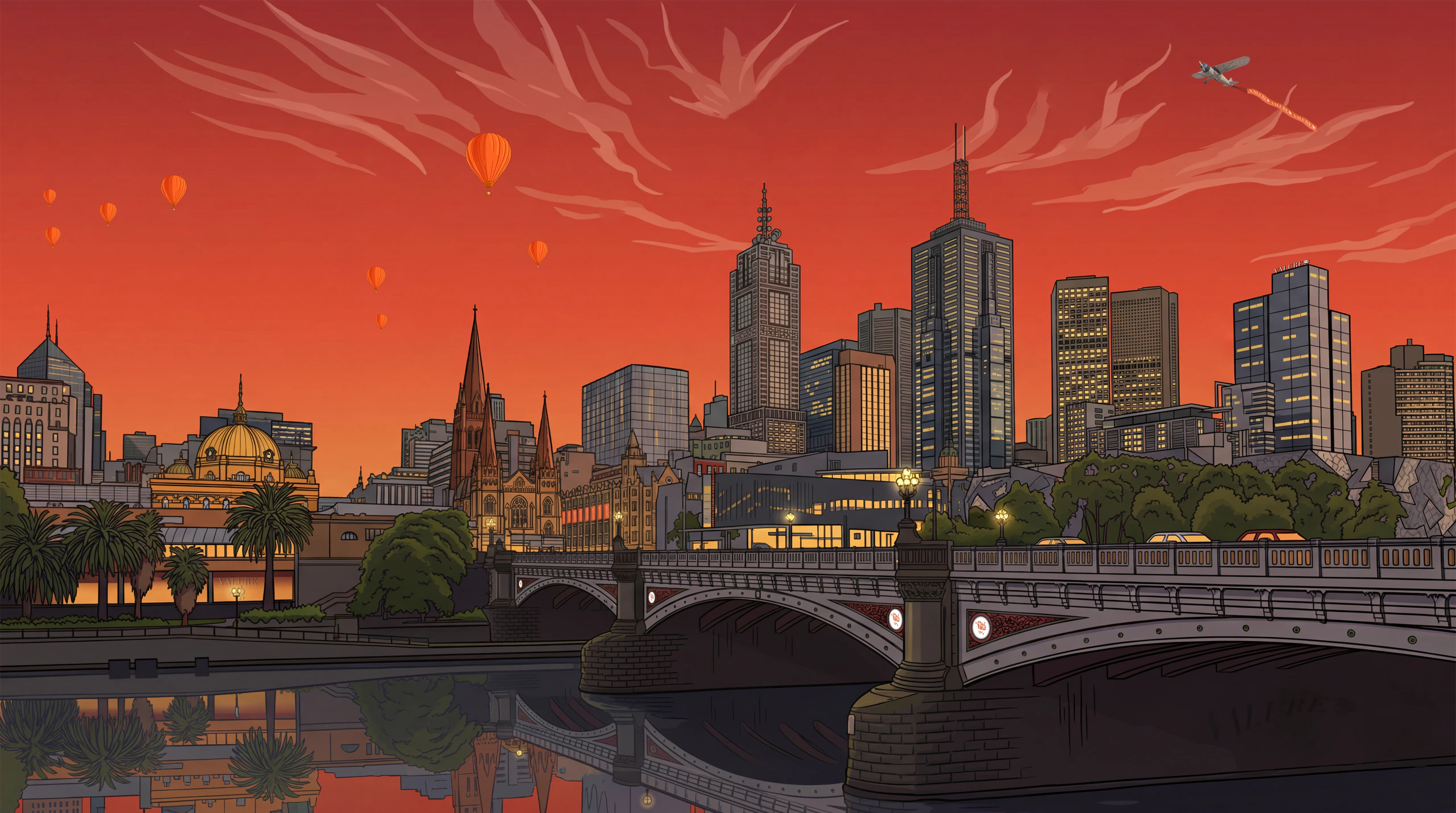Stylised architectural illustration of the Melbourne skyline at dusk, featuring Princes Bridge, the Yarra River, Flinders Street Station, and hot air balloons floating beneath a rich crimson sky, representing Valure's Australian heritage.